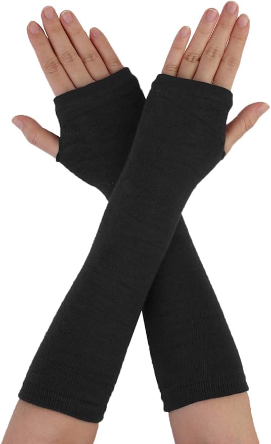 uxcell Women's Winter Warmers Fingerless Thumbhole Elastic Long Knitted Party Costume Gloves One Size Black