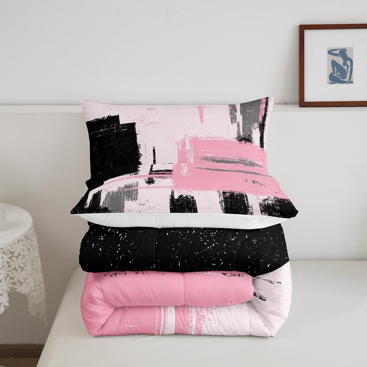 Feelyou Abstract Comforter Modern Abstract Art Comforter Set for Boys Girls Children Pink Black Pattern Bedding Set Room Decor Twin Size Duvet Set 2Pcs