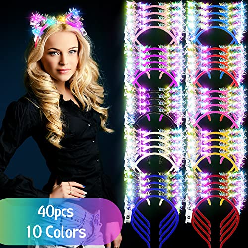 WILLBOND 40 Pcs LED Golden Silk Cat Ears Headband Halloween Cute Light up Headband Glow Cow Horn LED Hair Hoop for Women G...