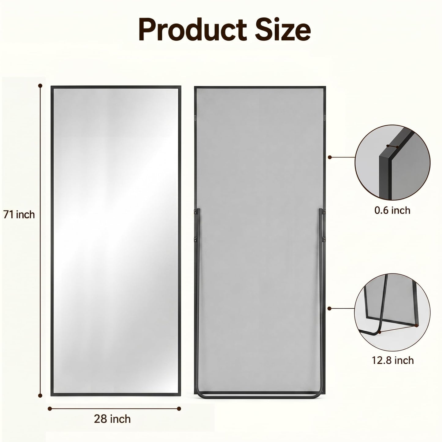 Antok Full Length Mirror, 71"x28" Floor Mirror with Stand, Hanging Mounted Mirrors for Bedroom, Living Room, Cloakroom, Dining Room, Black, Rect