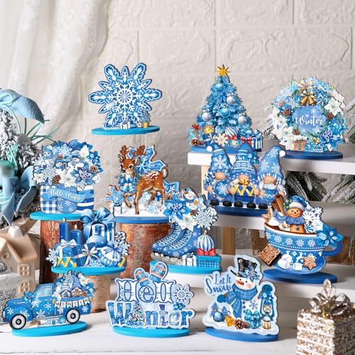 Wesiti 12 Pcs Winter Snowflake Table Decorations Wooden Centerpiece for Table Blue White Snowflake Snowman Gnomes Tabletop...