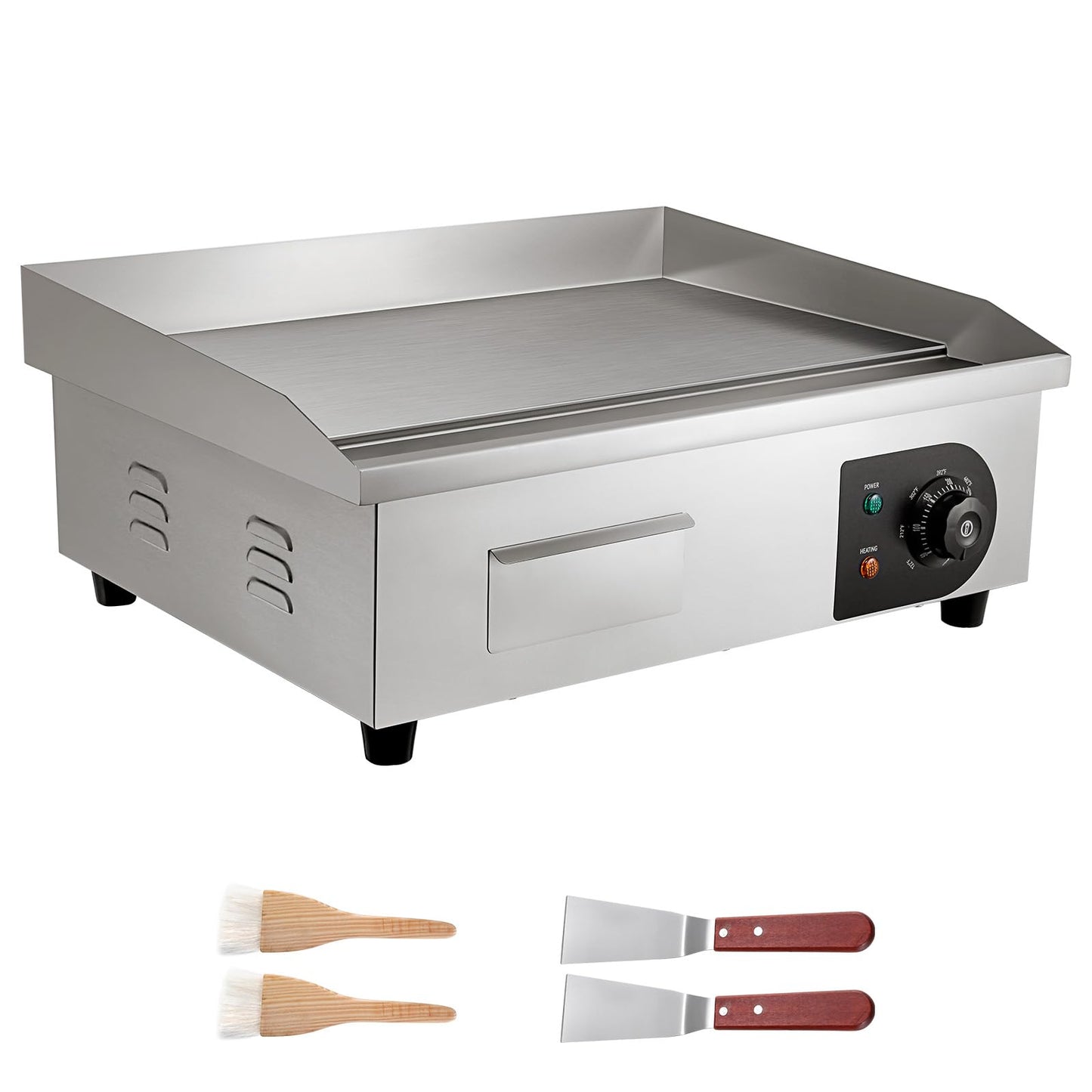 VEVOR Commercial Electric Griddle, 21 x 11.8 inch, 1750W, 122-570°F Adjustable Temp Control, Stainless Steel Countertop Flat Top Grill with 2 Spatulas, 2 Brushes and 4 Foot Pads, for Steak, Pancake