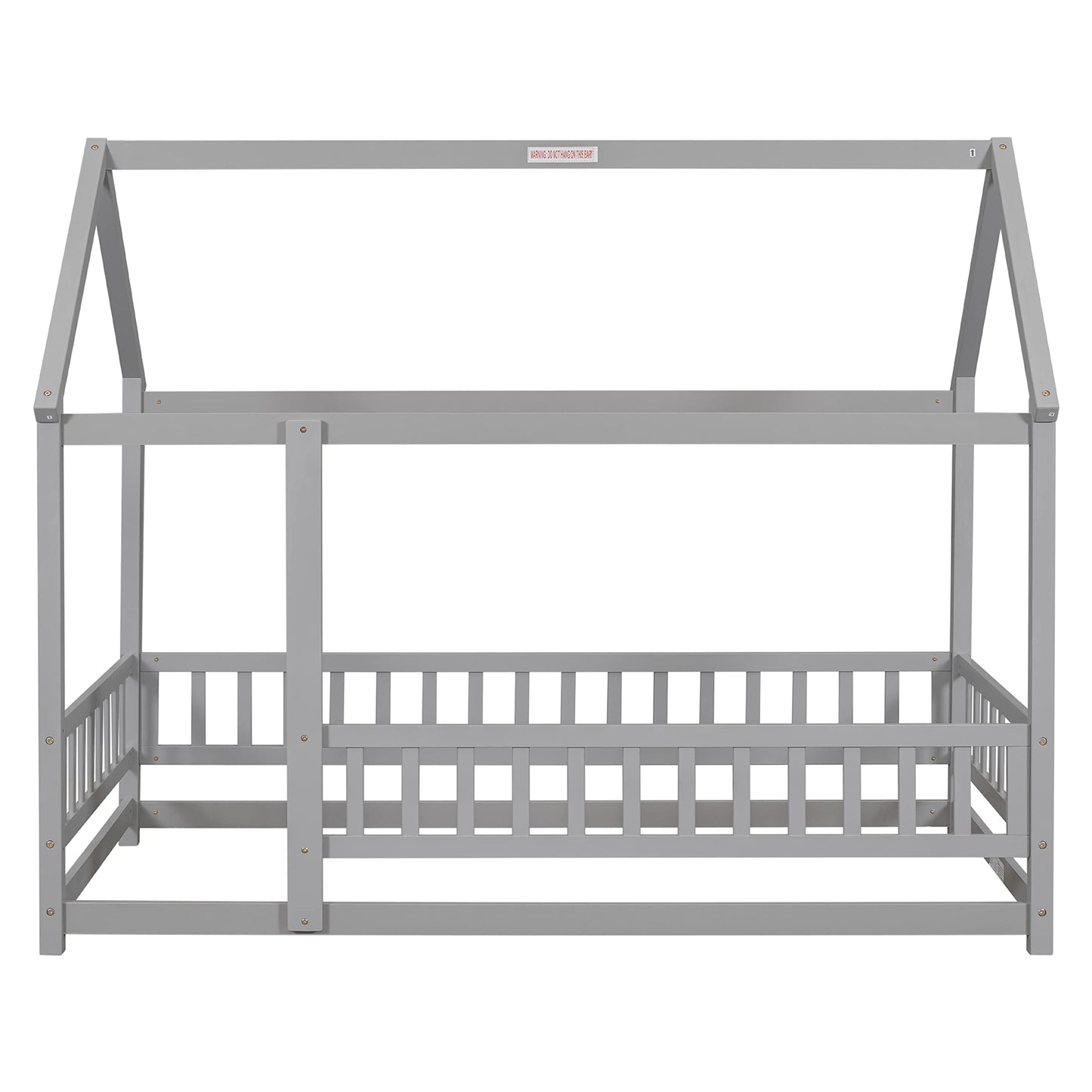Bellemave Twin Size House Floor Bed Frame,Wooden Montessori Floor Bed with Fence for Kids,Twin Size Kids Bed,Gray