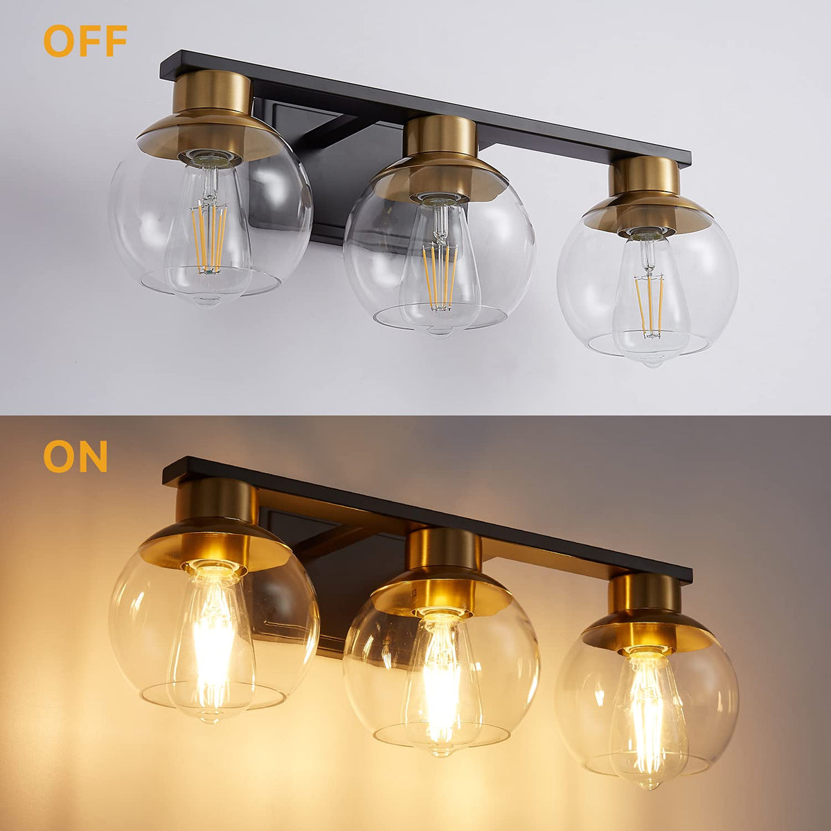 PAZALA 3-Light Bathroom Vanity Lights, Black and Gold Bathroom Light Fixtures Over Mirror with Globe Glass Shade, 22in Modern Wall Sconce for Bathr Mirror Bedroom Hallway, E26 Base(Bulbs Not Included)