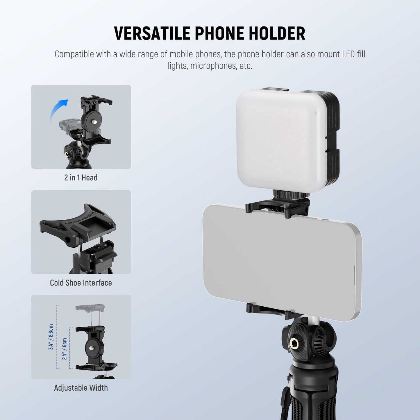 Neewer Tp38 Phone Camera Tripod, 15 Extendable Selfie Stick Metal Stand With Phone Holder, Action Camera Adapter Compatible With