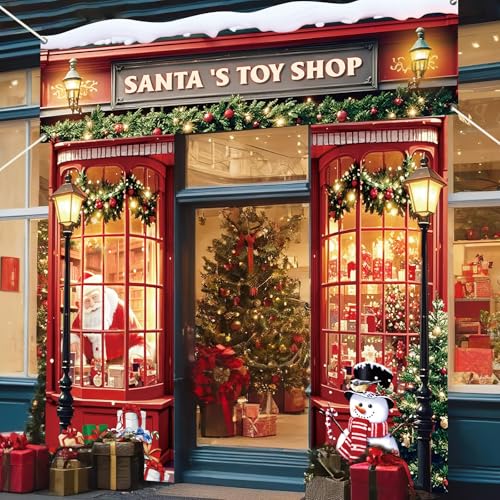 Xmas Santa's Door Cover Christmas Santa's Toy Shop Door Decorations Christmas Party Porch Banner Xmas Hanging Background f...
