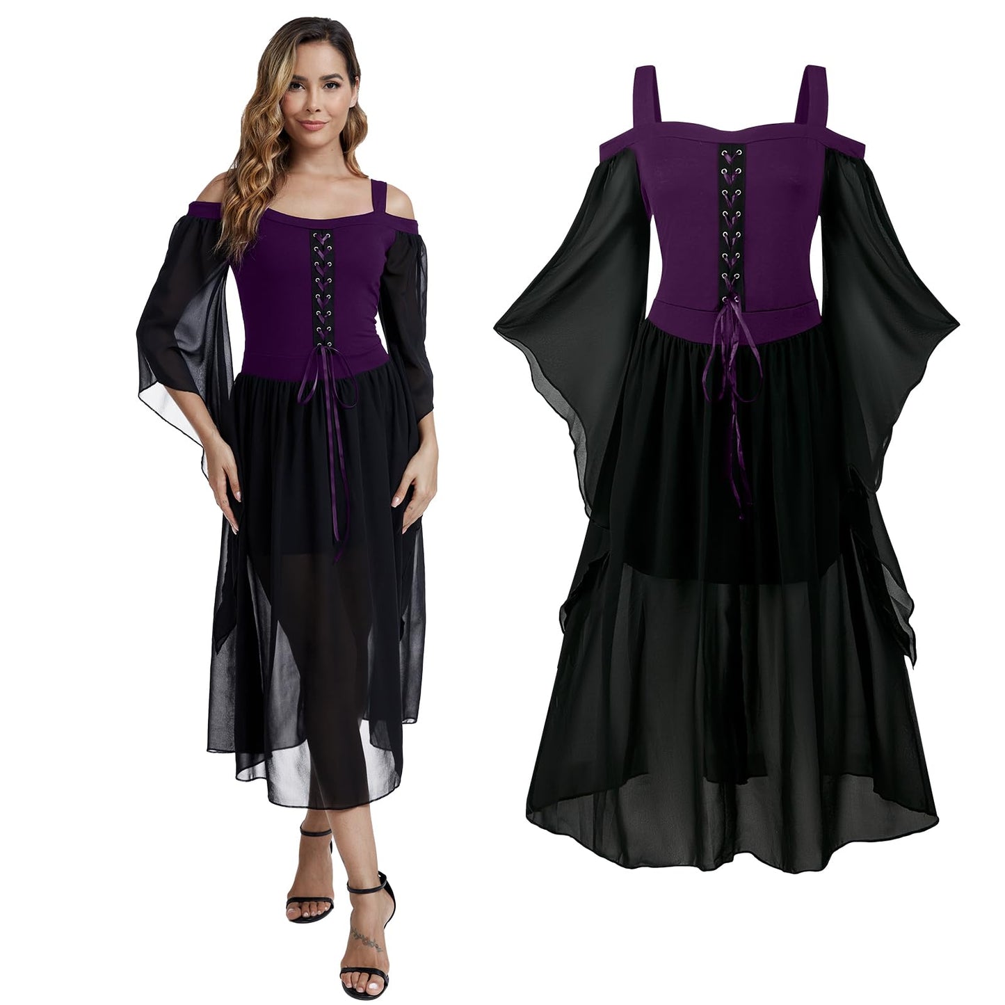 rumnigh Renaissance Gothic Dress for Women Victorian Flare Long Sleeve Sexy Dress Cosplay Party Halloween Costumes for Womens (Purple, Large)