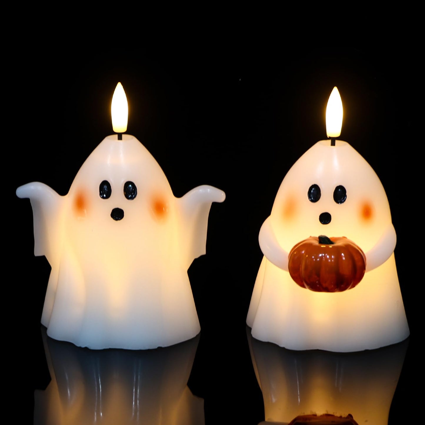 Eldnacele Halloween Ghost Flickering Flameless Candles with 6 Hour Timer, Battery Operated Tea Lights White Spooky Ghost Lights Wax Candles Indoor Fireplace Holiday Decorations Gifts(2Pcs, D3.5×H5)