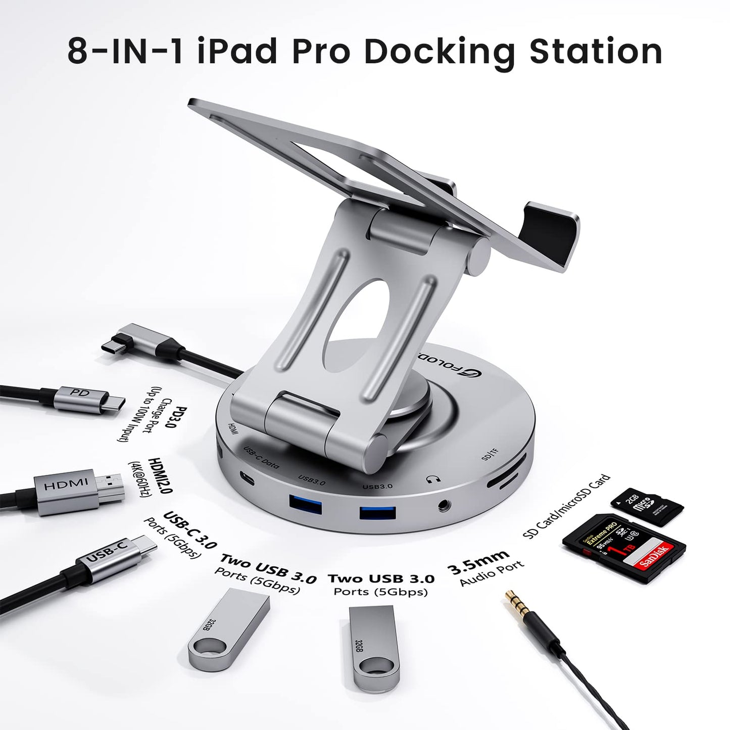 Usb C Hub For Ipad Pro Docking Station, Foloda 8-In-1 Rotatable Folding Type-C Tablet Stand With 4K Hdmi, Usb C 3.0 Data Port, 2