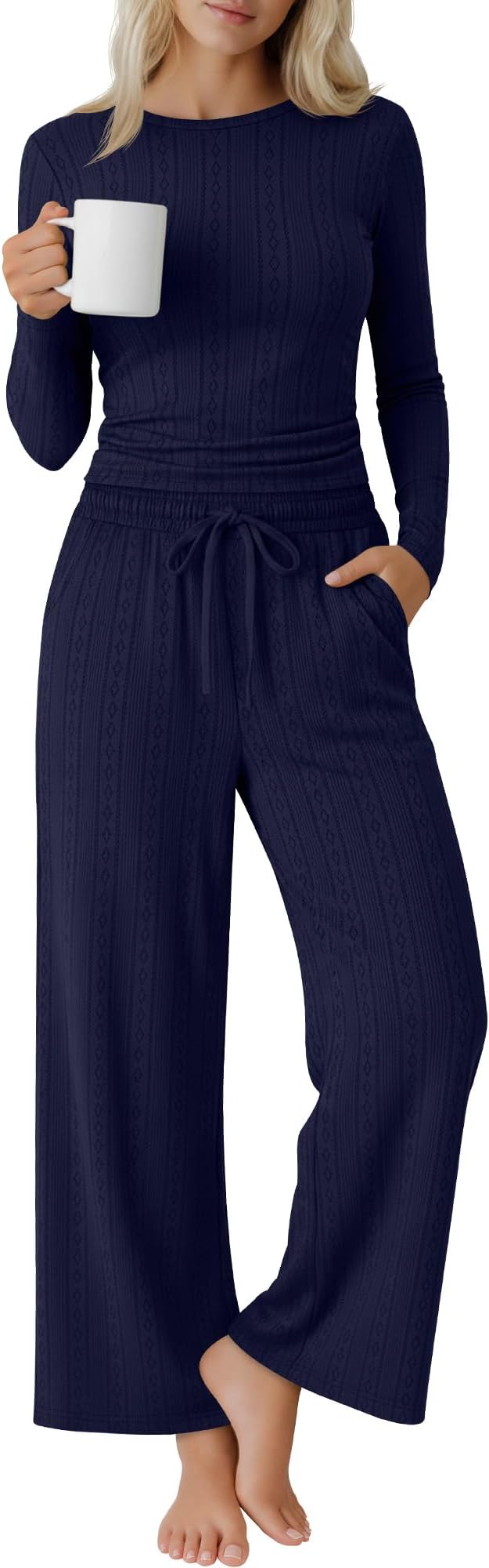Evervibe Women's 2 Piece Lounge Set Long Sleeve Crew Neck Top Drawstring Wide Leg Pants Casual Tracksuit Matching Set
