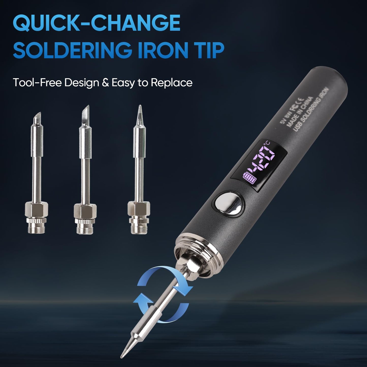 Larlarsa Cordless Soldering Iron Kit, Rechargeable USB-C Soldering Pen with OLED Screen, Portable Battery Powered Solder Iron for Electronics Repair, Includes 3 Tips & Lead-Free Solder Wire