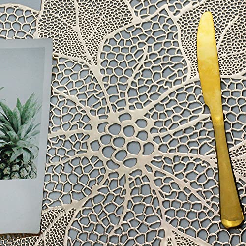 Gold Round Placemats for Dining Table Set of 6 Pressed Vinyl Metallic Table Mats Hollow Out Hibiscus Flower Place Mats for...