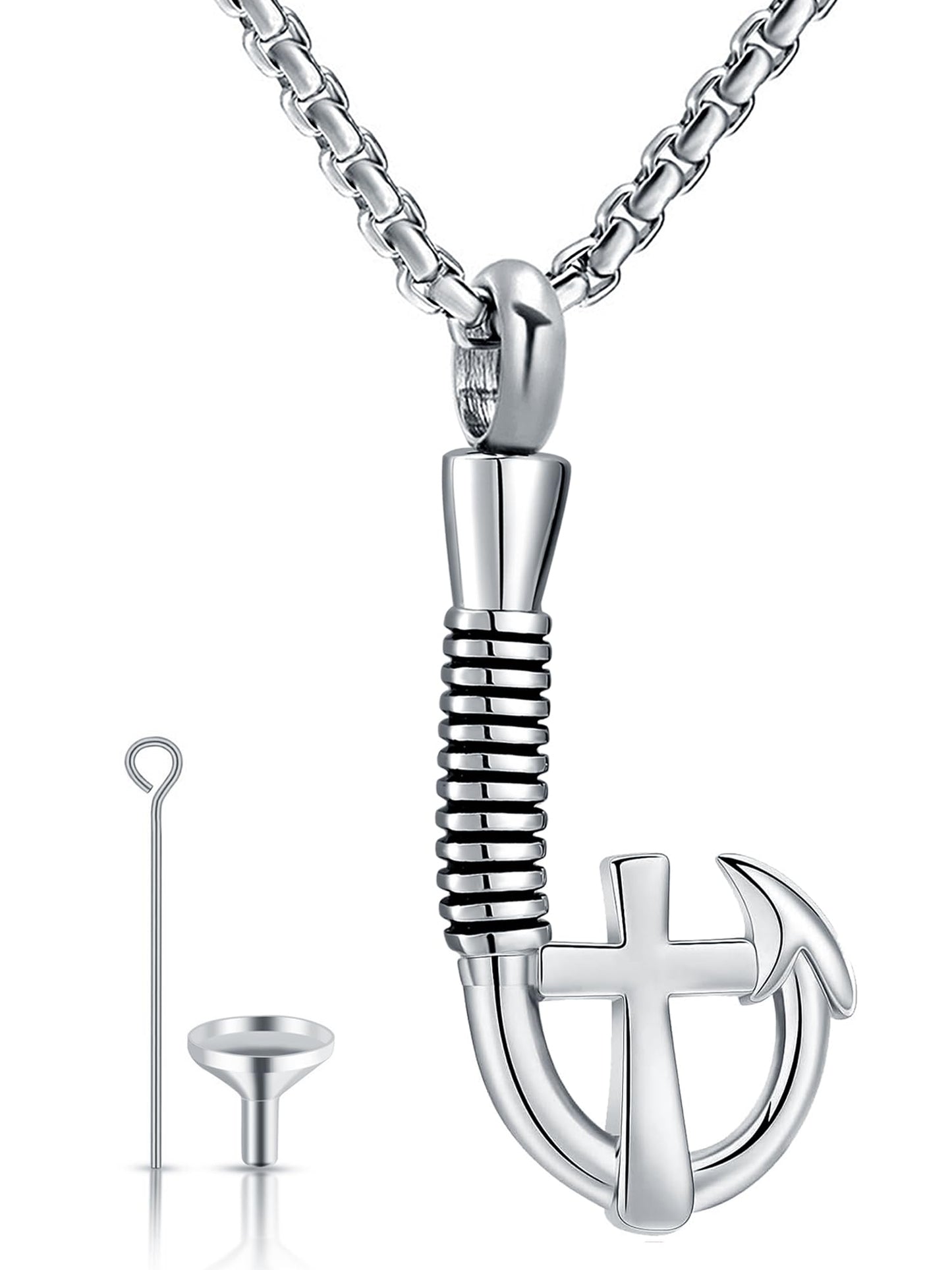 YOUFENG Fishing Hook Urn Necklace for Ashes Stainless Steel Cremation Jewelry Cross Ashes Necklaces Memorial Keepsake Silver