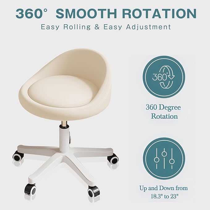 Walktory Round Rolling Stool with PU Leather Low Backrest, Hydraulic Height-Adjustable Swivel Chair for Spa, Salon, Tattoo, Massage, or Medical Office