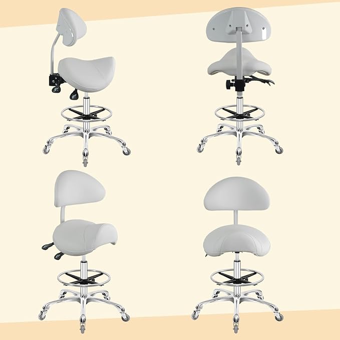 Nazalus Saddle Stool Chair with Back Support Footrest, Heavy-Duty(350LBS), Hydraulic Rolling Swivel Adjustable Stool Chair for Salon Spa Beauty Massage Dental Clinic Home Office Use(White)