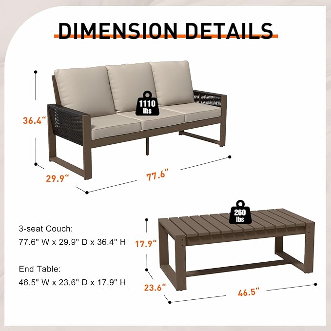 INTER HUT Rustic Hideaway Natural Cedar Wood Outdoor Furniture Set, Wicker Patio Conversation Set for Porch Garden Backyard, Couch and Coffee Table, 2 Piece, Brownish/Beige