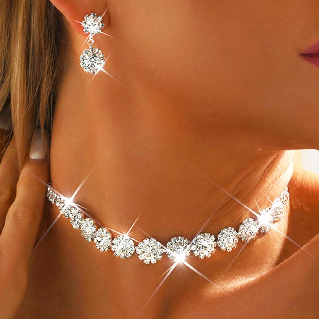 Unicra Silver Rhinestone Choker Necklace Earrings Sets Bridal Wedding Jewelry Set Prom Costume Jewelry for Women and Brides (Sil