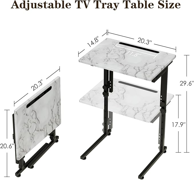 Fleecy day TV Tray, Folding TV Dinner Table, Adjustable Small C-Shaped End Tray for Eating, Foldable Slide Under Couch Side Table for Recliner, Living Room,No Assembly Required(White Marble,2Pcs)