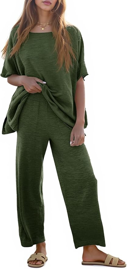 Tankaneo Women's 2 Piece Travel Outfits Casual Short Sleeve Knit Sweater Set Wide Leg Pants Lounge Sets Tracksuit