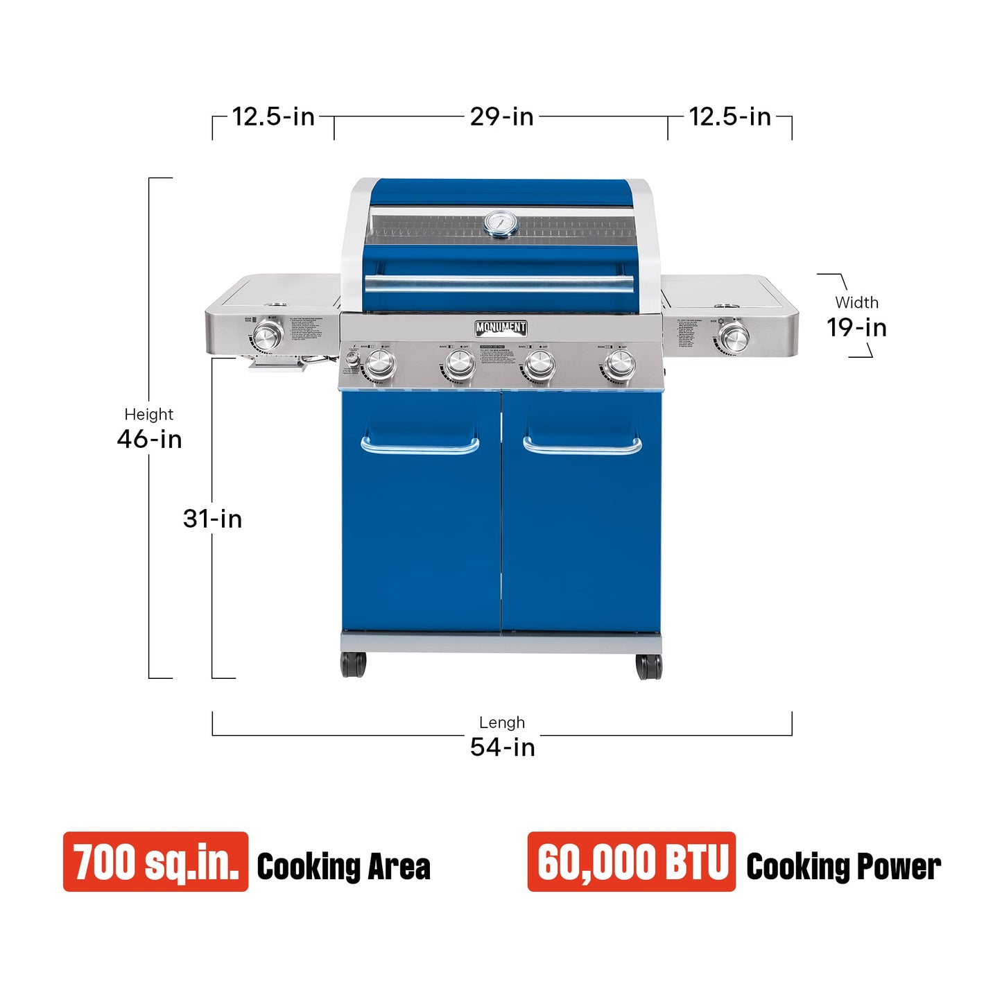 Monument Grills Larger 4+2 Burner Propane Gas Grills Stainless Steel Cabinet Style with Clearview® Lid, Knob Controls, Built-In Thermometer, Infrared Side Sear Burners & Side Burners, Blue