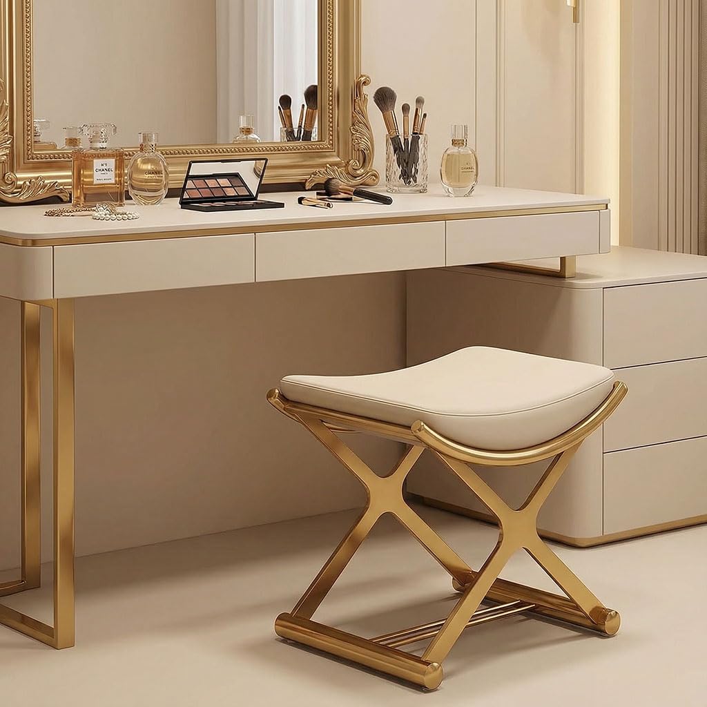 KUCKGO Modern Bathroom Vanity Stool Makeup Chair - Backless Leather Vanity Bench Seat with Metal X Legs, Small Ottoman Footstool for, Bedroom, Living Room, Dressing Room, Gold