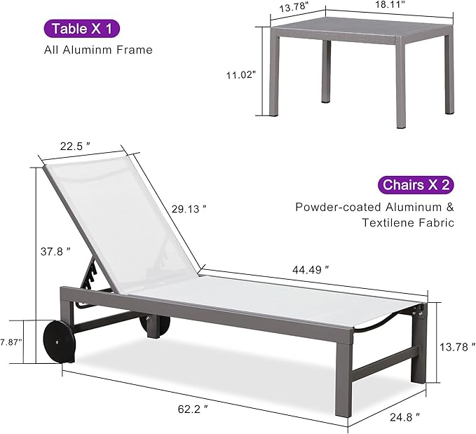 PURPLE LEAF Outdoor Lounge Chair Set for 2 Patio Chaise Lounger with Aluminum Frame and Wheels All-Weather Pool Lounge Chairs for Outside Garden Yard Poolside Table Included, White