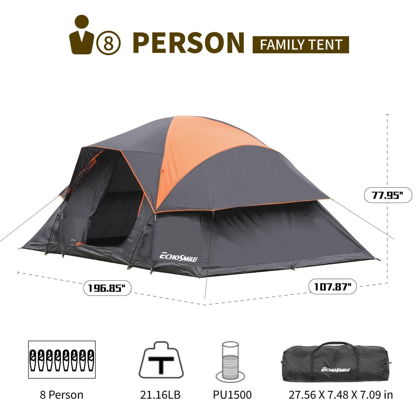 EchoSmile 10-12 Person Large Family Camping Tent, Waterproof Windproof Spacious Cabin Tent with Removable Rainfly, Easy Setup 3-Season Outdoor Shelter for Group Trips - Black & Orange