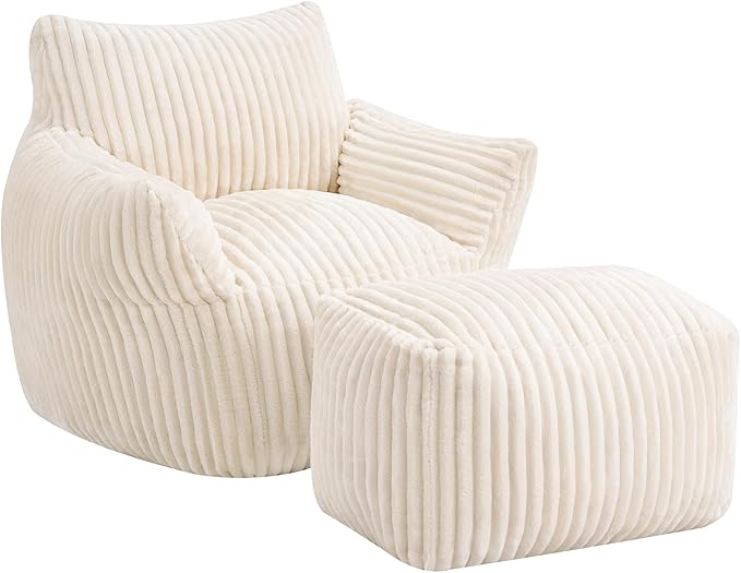 JULY'S SONG Bean Bag Chair with Ottoman for Adults, Fluffy Cream Lazy Couch Sofa Chair with Armrests for Living Room, Bedroom & Dorm
