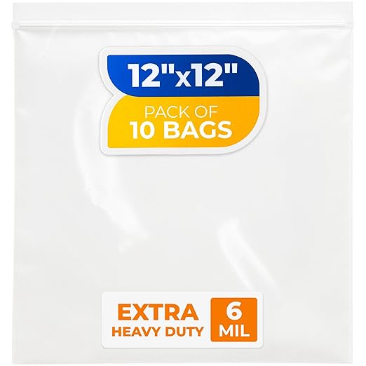 12" x 12" Large Zip Seal Lock Bags, 6 Mil (Pack of 10) – Heavy-Duty Reclosable Plastic Bags – Clear, Resealable, Waterproof – For Storing and Organizing Clothes, Jewelry, and Travel Items