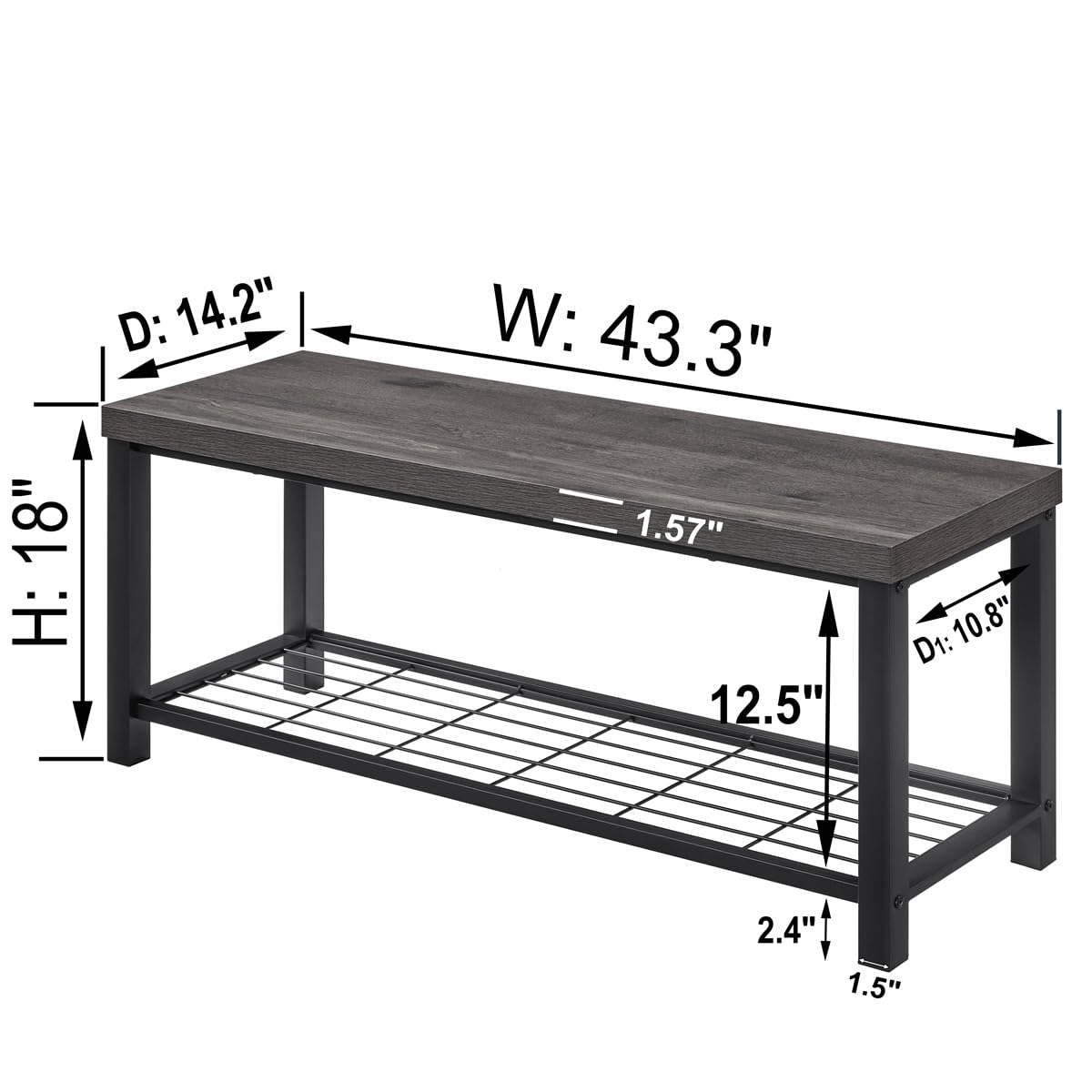 EXCEFUR Entryway Bench, Industrial Metal and Wood Storage Bench for Living Room, Indoor Shoe Rack Bench Seat, 43.3 Inch Grey