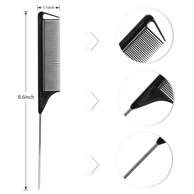 Rat Tail Combs Set: 3Pcs Long Steel Pin Teasing Combs for Salon Hair Stylists, Metal Parting Combs for Women (Purple, Black, Pink)