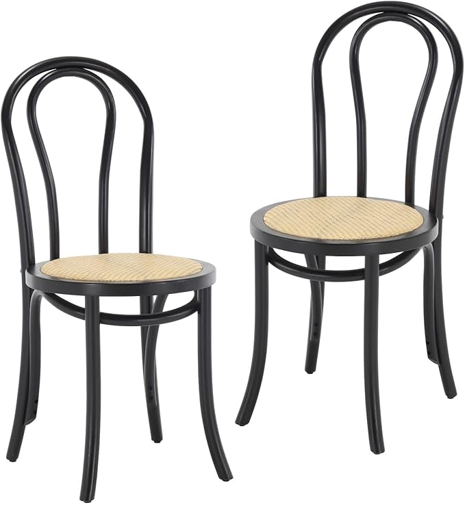 DM Furniture Solid Wood Dining Chairs Set of 2 Mid-Century Modern Rattan Kitchen Room Chairs with Backrest Bentwood Side/Desk Chairs for Dining/Living Room,Home, Black Wood