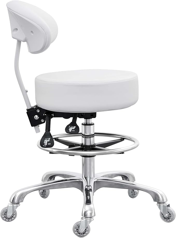Grace&Grace Drafting Chair Big Cushion Rolling Stool with Back, Tall Shop Stool Rolling Chair with Footrest for Studio, Workshop, Classroom, Lab, Counter, Home Office (White)