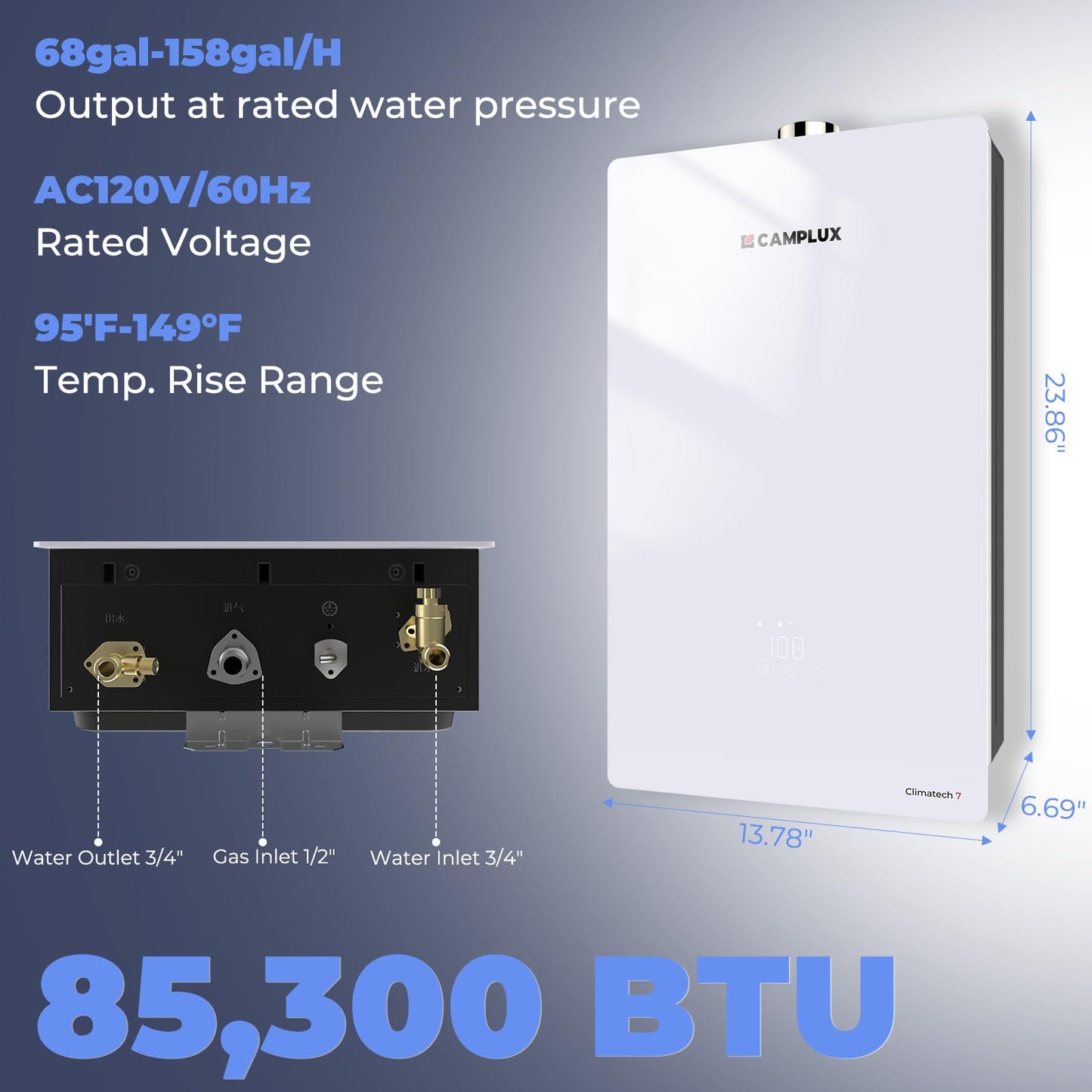 CAMPLUX Climatech 7 Tankless Water Heater Propane 3.6 GPM Up to 4 GPM, 85,300 BTU CSA Certified On Demand Instant Propane Tankless Hot Water Heaters Indoor, 1-3 Points Real Data No Exaggeration
