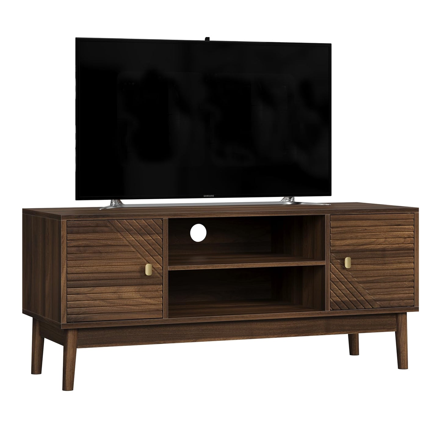 Kiasthome Walnut Mid-Century Modern TV Stand Wood Television Stand for TVs up to 45" Media Console with Storage for Living Room