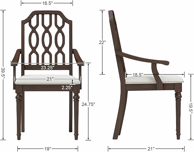 chairus Farmhouse Dining Chairs Set of 4, French Country Vintage Wooden Dining Room Chairs with Arm, Lattice Back & Turned Legs, Rustic Chenille Upholstered Nailhead Trim Kitchen Chairs, Walnut Brown