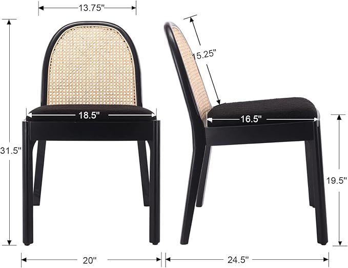 HEAH-YO Rattan Dining Chairs Set of 6, Upholstered Sherpa Dining Room Chairs with Backrests, Modern Kitchen Chairs with Wood Legs for Dining Room, Black