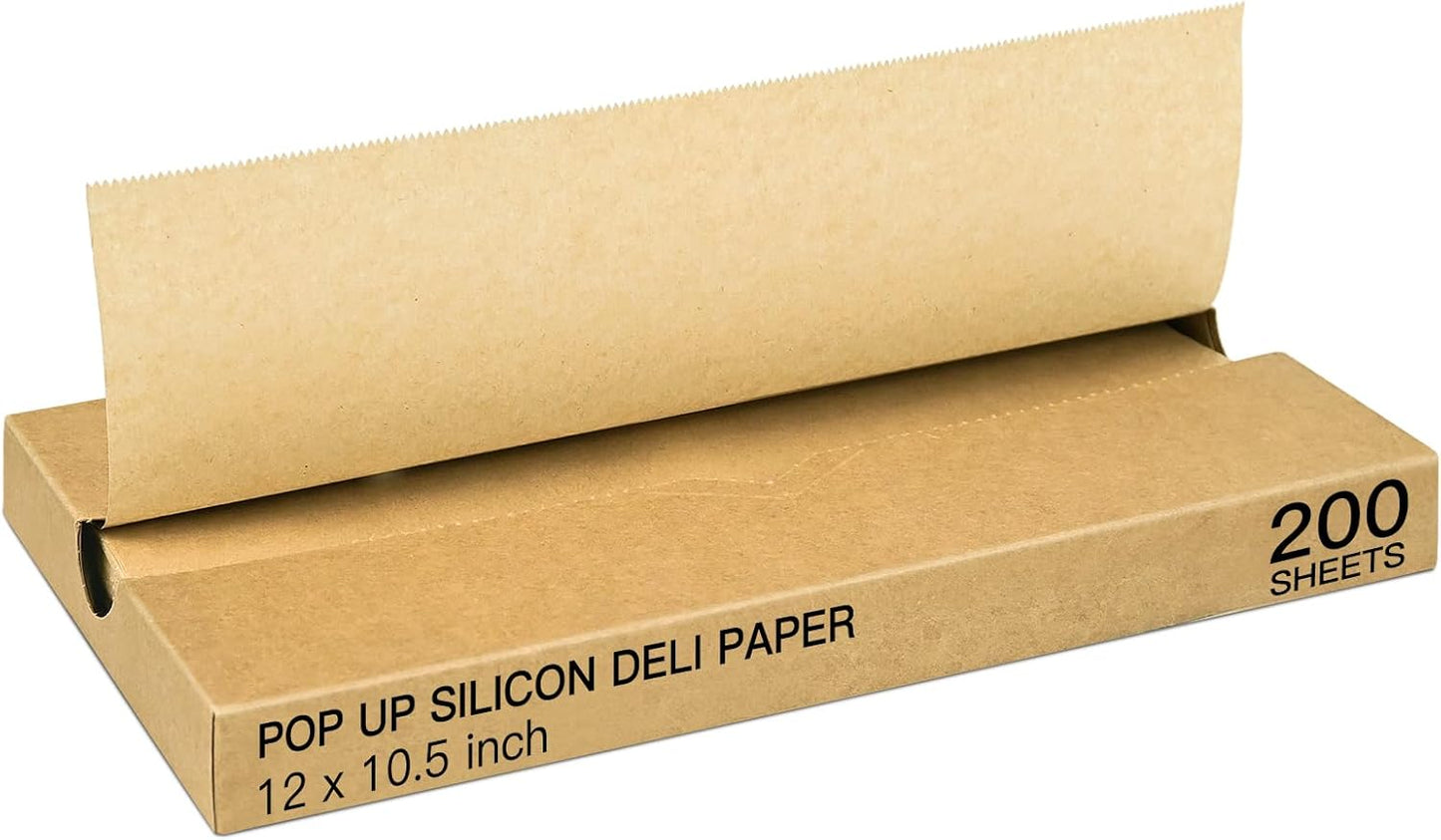 Precut POP UP Deli Paper Sheet Pack of 200, Interfolded Heavy Paper for Food Wrap and Serving (12" x 10-1/2", Kraft）