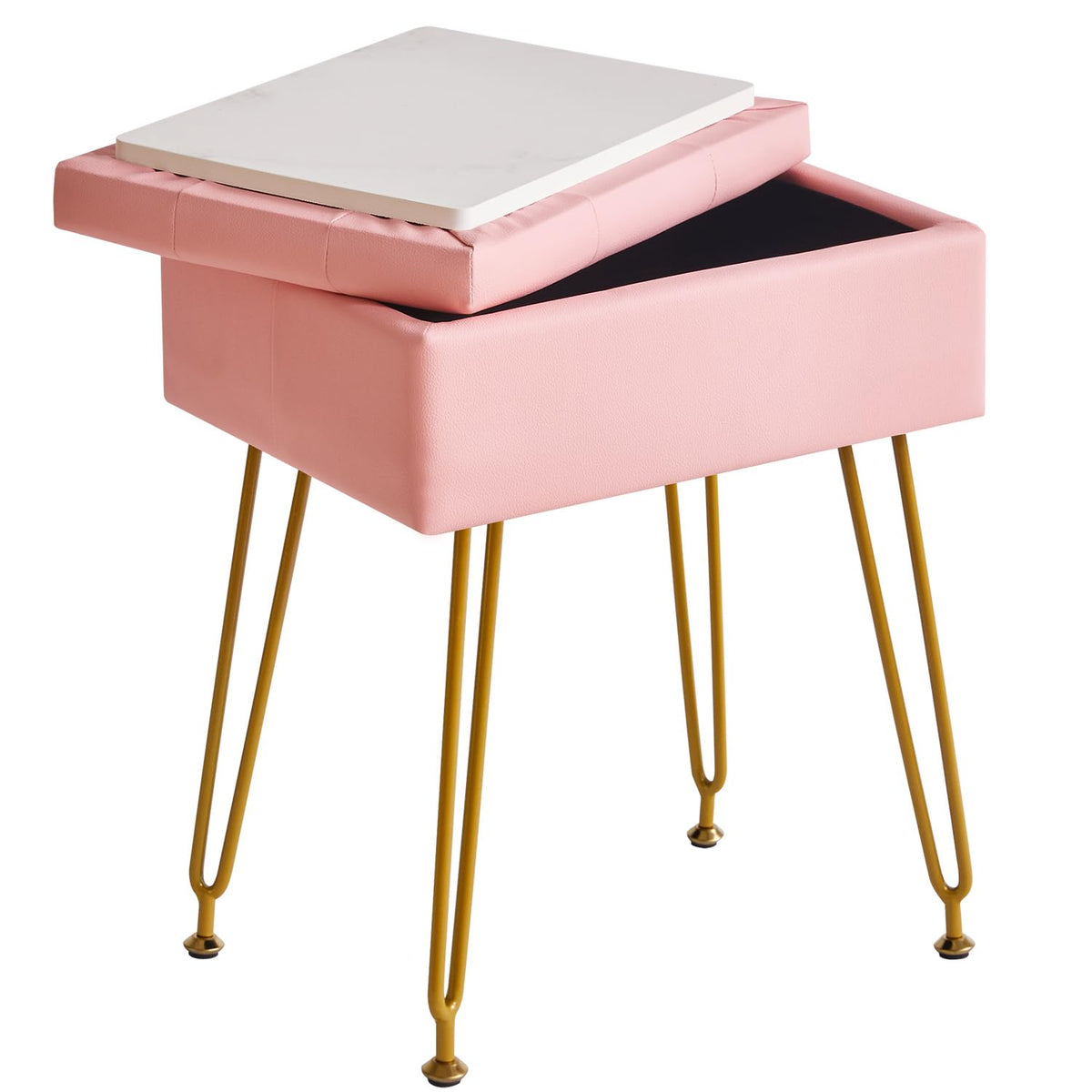 IBUYKE Multifunctional Storage Vanity Stool with Flip Tabletop, Adjustable Metal Legs & PU Leather - 40x30x48cm Ottoman Footrest for Makeup, Living Room, Entryway, Pink WBD014P