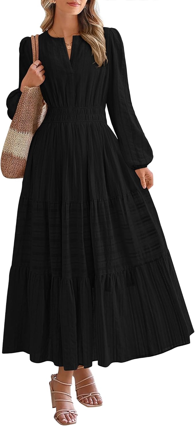 BTFBM Fall Dresses for Women 2026 Casual Long Sleeve V Neck Elastic Waist Lightweight Maxi Wedding Guest Dress Pockets