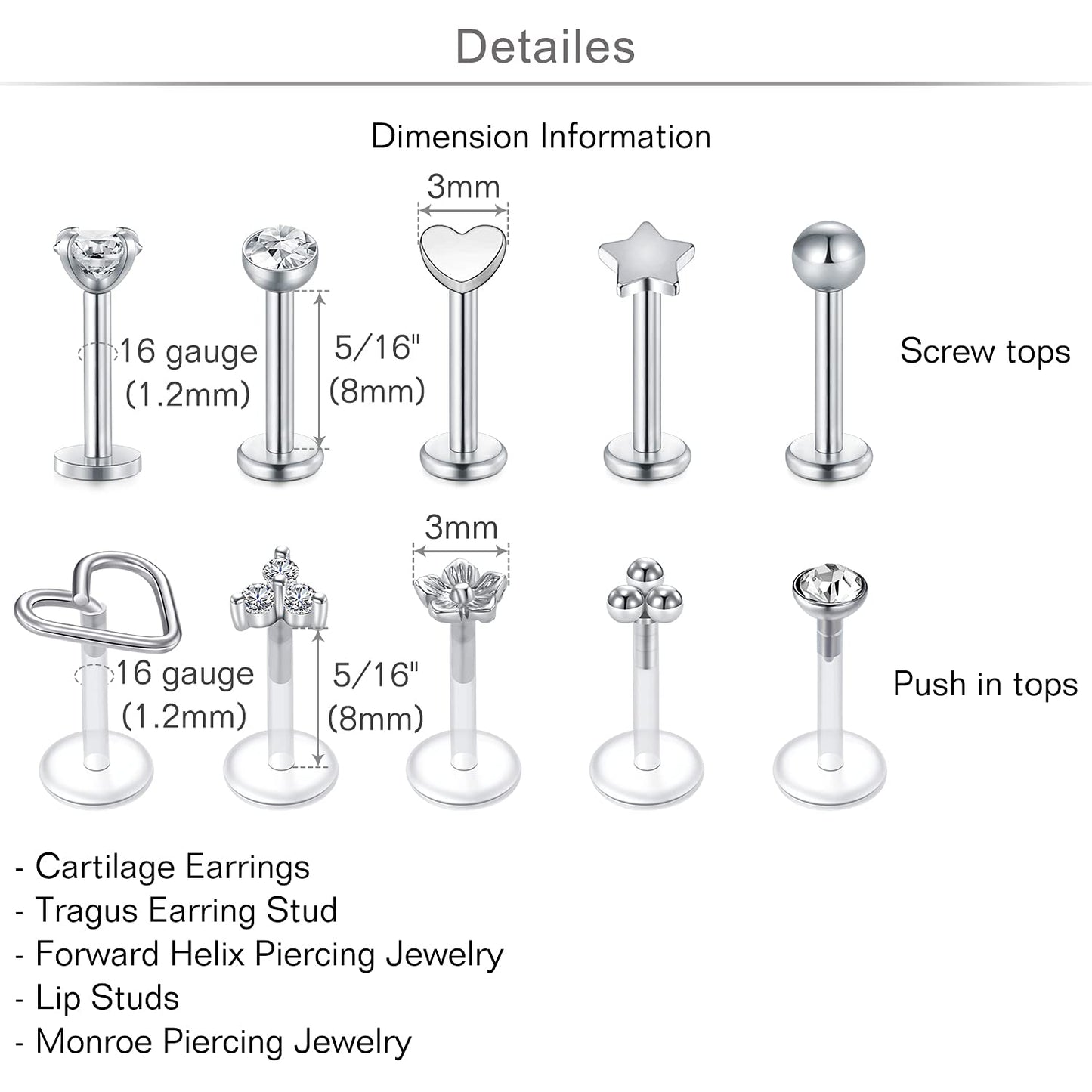 MODRSA 16G Forward Helix Earring Cartilage Earring Tragus Earrings Stud 8mm Stainless Steel Flexible Plastic Lip Rings Labret St