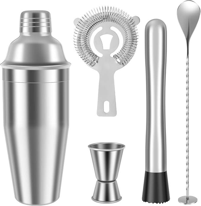 5Pcs Cocktail Shaker Kit Stainless Steel Shaker Set with 18Oz Shaker Reusable Cleaning Shaker Cocktail Making Set Ice Stra...