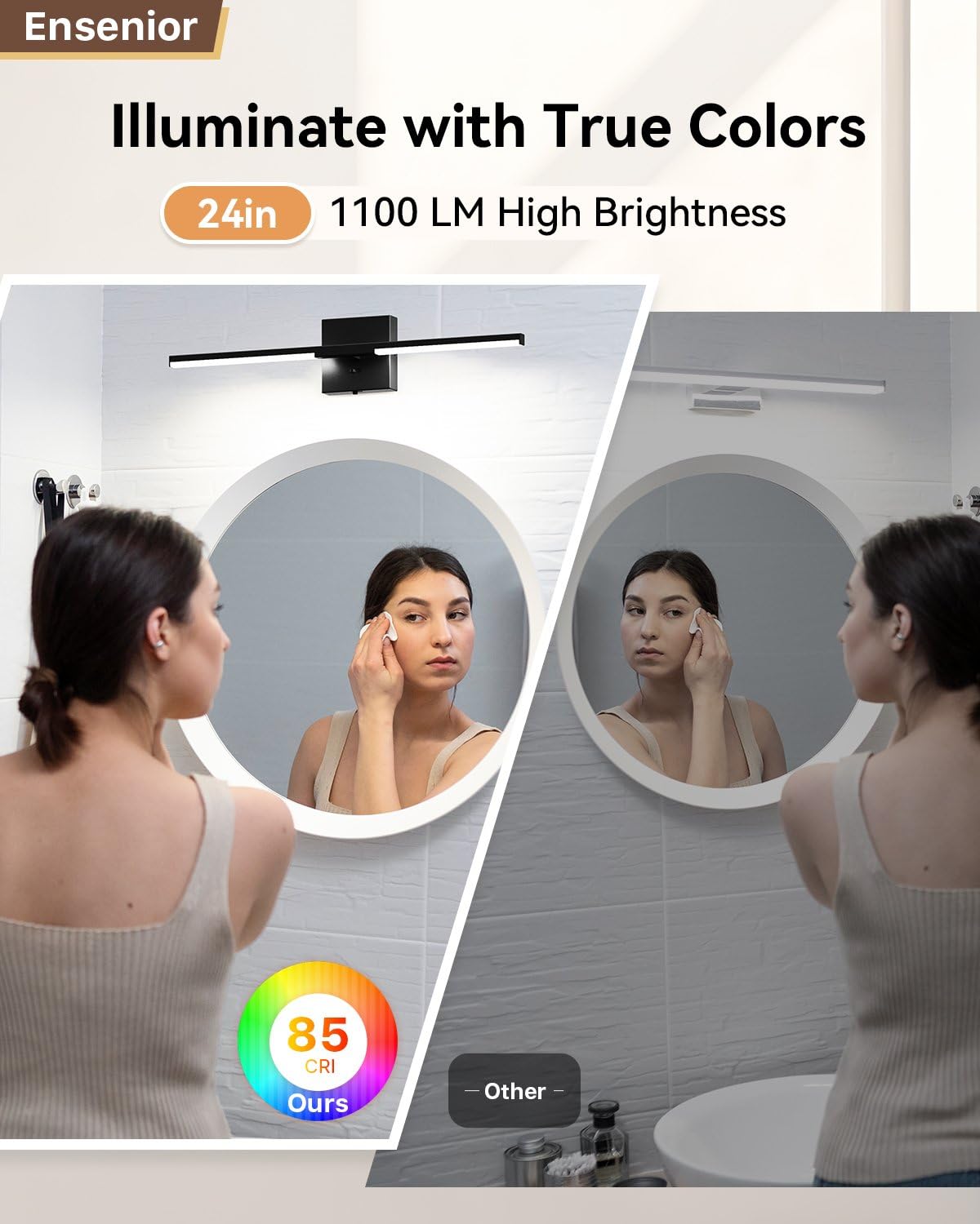 Ensenior Modern Vanity Light, Built-in Dimmer, 24 inch Led Light Fixture Over Mirror, Dimmable 5CCT, Black Bar Light Fixture for Mirror, Bedroom - FCC Certified