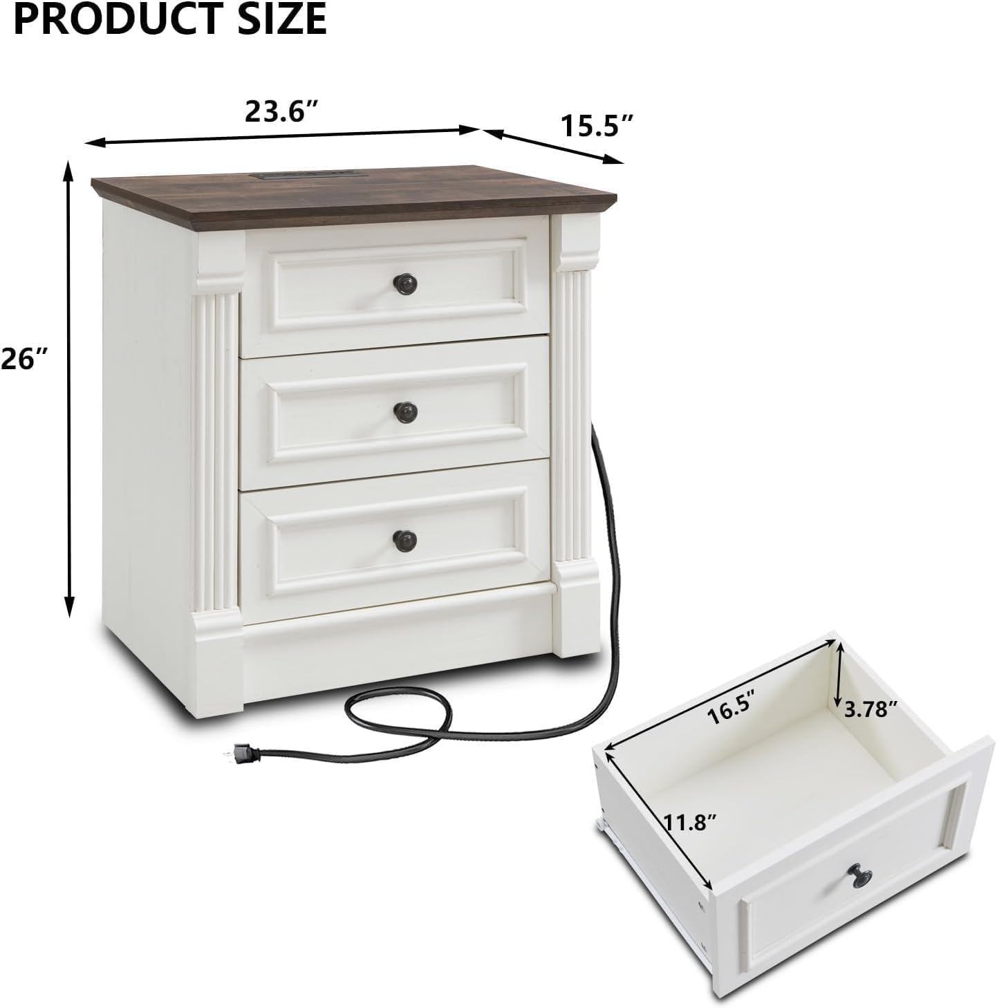 Aitjunz 26" Tall Farmhouse Nightstand Set of 2, 3 Drawers End Table w/Charging Station, 23.6" Wide Large Side Table w/Roman Column, Wood Rustic Sofa Table for Bedroom, Living Room, White