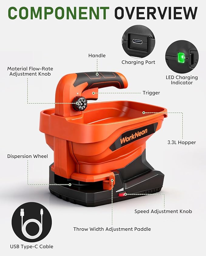 Battery Powered Seed Spreader, 7.2V Salt Spreader for Snow, Ice Melt Spreader, Rechargeable Grass Seed Spreader with 8-Level Settings and 3.3L Large Capacity