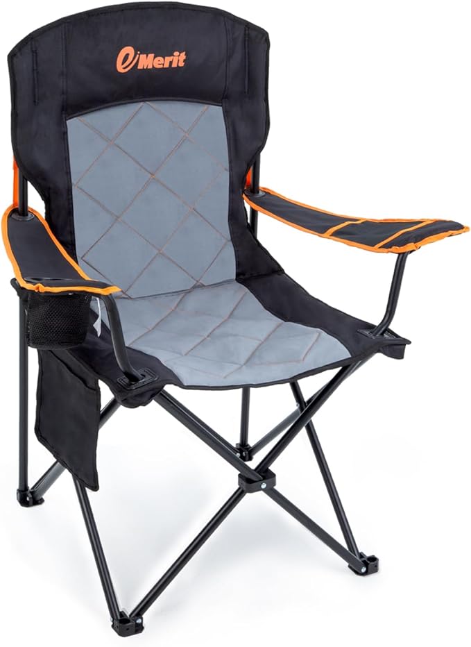 EMERIT Oversized Padded Camping Chair, 350LB Heavy Duty Quad Fold Chair with Arms, Collapsible Outdoor Chairs with Lumbar ...