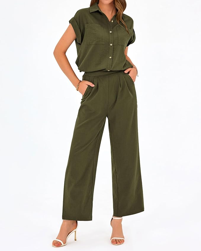 PRETTYGARDEN Womens 2 Piece sets Summer Cap Sleeve Tops Palazzo Pants Dressy Casual Vacation Travel Outfits Tracksuits