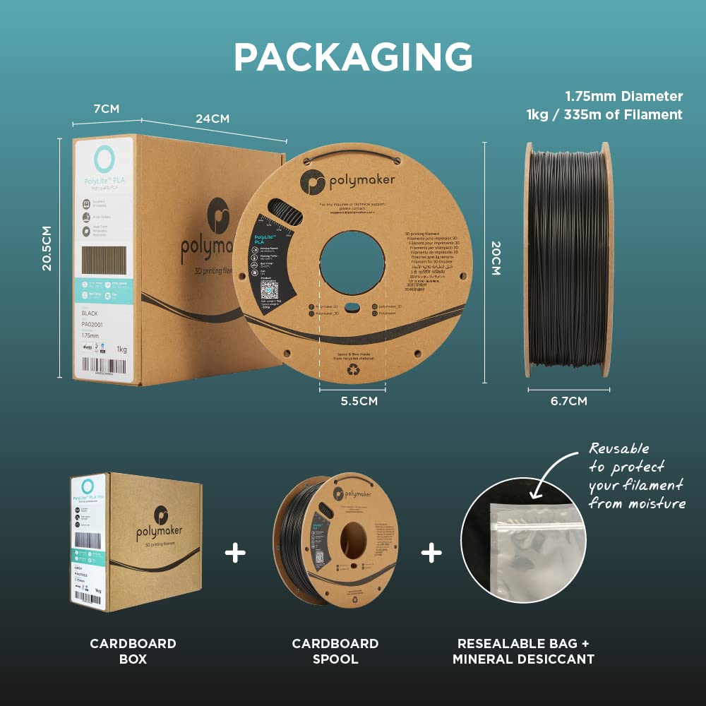 Polymaker PLA Filament, Black 3D Printing PLA Filament 1.75mm 1kg - PolyLite 3D Printer PLA Filament, Dimensional Accuracy +/- 0.03mm, Compatible with Most 3D Printer, Black