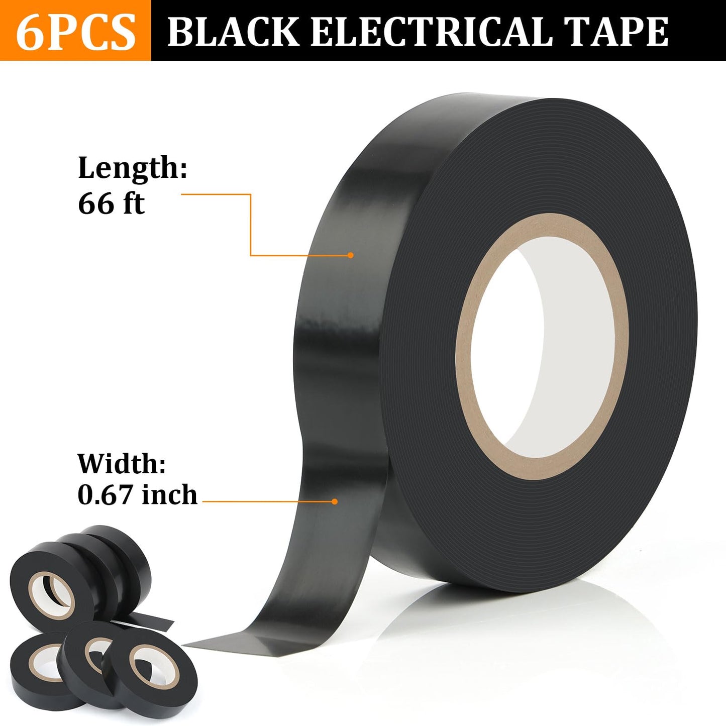 Okxiri 6 Pack Black Electrical Tape, 66 Ft Waterproof Electric Tape Black High Temperature for Repairs, Adhesive, Insulating Electrical Tape for Home Outdoor, Electrical Tools and Accessories