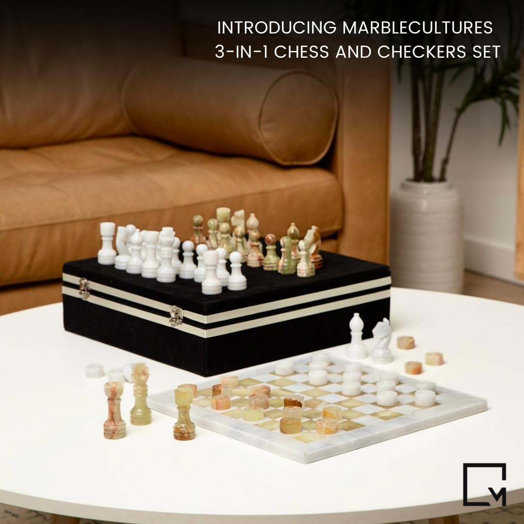 Marble Chess and Checkers Set – Luxury Tabletop Game and Coffee Table Decor – Elegant 3-in-1 Marble Game for Room Decor, Modern Home Accents, and Functional Décor (White and Onyx)